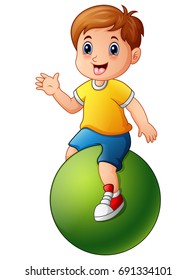 Vector illustration of Little boy sitting on green ball