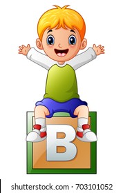 Vector illustration of Little boy sitting on alphabet cube