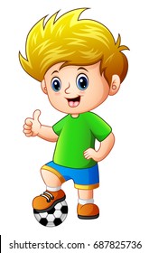 Vector illustration of Little boy with soccer ball giving thumbs up