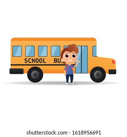Vector illustration of little boy standing near the school bus. Back To School bus with kids. Icon eps10