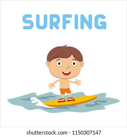 Vector illustration of little boy surfer on wave, isolated on white background.