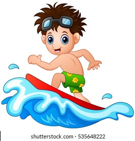 Vector Illustration Little Boy Surfing On Stock Vector (Royalty Free ...