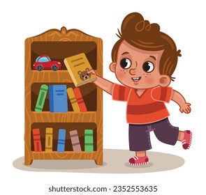 Vector illustration of little boy taking a book from his library.
