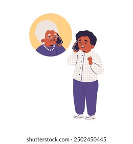 Vector illustration with a little boy talking on the phone with his grandmother, demonstrating the modern world of ways to communicate using gadgets