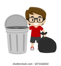 Vector Illustration of a Little Boy throwing the garbage bag in the trash can