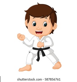 vector illustration of Little boy training karate