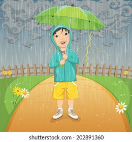 Vector Illustration Of A Little Boy Under Umbrella in Raincoat Standing in the Rain