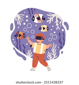 Vector illustration of a little boy in virtual reality glasses watching the fish swimming. Concept of children's addiction to gadgets. Children's digital habits. Flat style on isolated background.