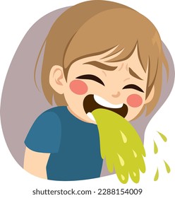 Ilustración vectorial de los vómitos de niños pequeños que se sienten enfermos. Niños con problemas digestivos vomitando de gripe estomacal
