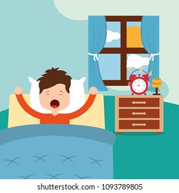 Vector illustration of Little boy waking up in a bed on white background