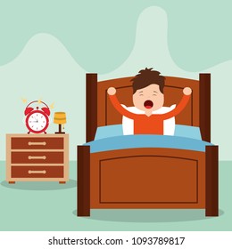 Vector illustration of Little boy waking up in a bed on white background