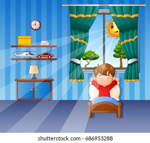 Vector illustration of Little boy waking up and yawning in the morning