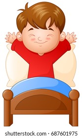 Vector illustration of Little boy waking up in a bed on white background