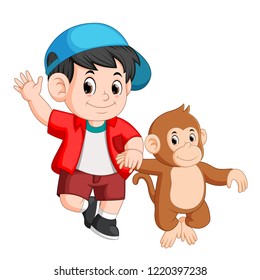 vector illustration of little boy is walking with a monkey