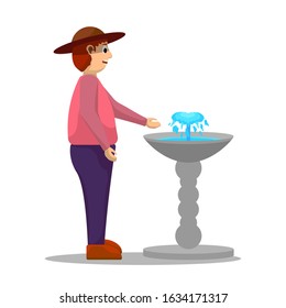 Vector illustration of a little boy washes his hands with water from a tap. Print, template, design element