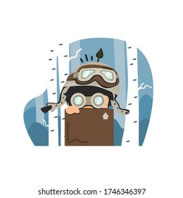 Vector illustration of little boy wearing helmet and cardboard. Curious little kid looking through binoculars. kids in pilot costumes, adorable kids play with cardboard. Cartoon isolated icons vector