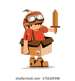 Vector illustration of little boy wearing helmet and cardboard. kid playing cardboard. kids in pilot costumes driving with cardboard, adorable kids play with cardboard. Cartoon isolated icons vector