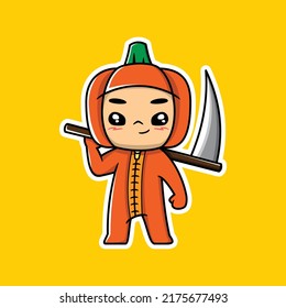 vector illustration of a little boy wearing a pumpkin costume and carrying a scythe