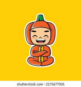 ilustración vectorial del niño pequeño que usa disfraz de calabaza