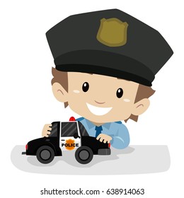 Vector Illustration of a Little Boy wearing a Police uniform while playing Police Car