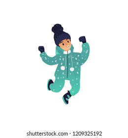 Vector illustration of little boy in winter isolated on white background. Playful and smiling male kid jumping and having fun - cartoon child in warm jacket and hat playing outdoors.