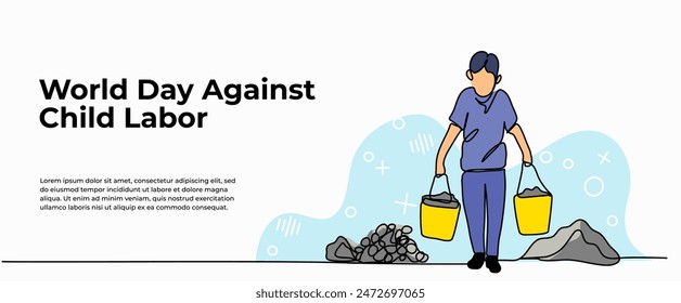 Vector illustration of little boy works hard. Modern flat in continuous line style.