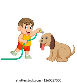 vector illustration of a little boy with the yellow cloth will clean his big brown dog with the pipe