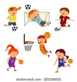 Vector illustration of little boys and girls playing football and basketball. A set of cute cartoon children isolated on a white background.