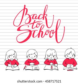 Vector illustration. Little boys and girls and the phrase "Back to school".  