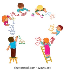 Vector illustration of little boys and girls draw with colored pencils. Print