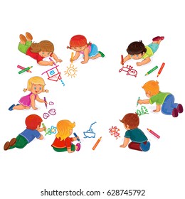 Vector illustration of little boys and girls draw with colored pencils. Print