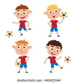 Vector illustration of little boys in shirt and short playing football. Set of cute cartoon kids kicking soccer ball isolated on white background. Pretty football players. Happy children.