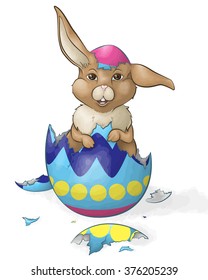 A vector illustration of a little brown bunny inside a colorfully painted Easter egg shell isolated on a transparent background.