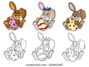 vector illustration of little bunnies boys and girls are holding in the paws Easter egg