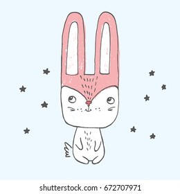 Vector illustration of little bunny sitting among stars with big head, small body, long ears Sketch picture isolated on an empty bakground. Hand drawn. Cute rabbit drawn with colored crayons and pen