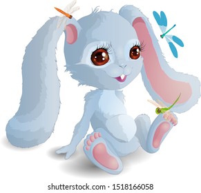 Vector illustration. A little Bunny surrounded by three colorful dragonflies.
