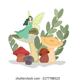 Vector illustration of little butterfly angel sitting on mushroom over leaf background