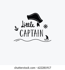 Vector illustration Little captain lettering with a ship, rudder and anchor. Kids logo emblem. Textile fabric print