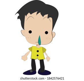 Vector illustration of a little cartoon boy with a snot coming out of his nose, wearing a yellow shirt and black hair with black shoes, Front view