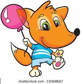 vector illustration-  little cartoon fox with pink ball in T-shirt and shorts on white background