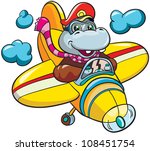 vector illustration -  little cartoon hippopotamus pilot in  plane on white background