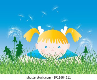 Vector illustration of little cheerful girl lying in meadow grass with dandelions on summer day