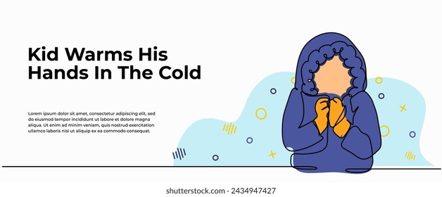 Vector illustration of a little child felt shivering during the winter. Modern flat in continuous line style.