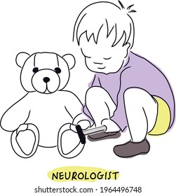 vector illustration of a little child in the role of a neuropathologist doctor, checks the nervous system of his toy bear