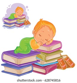 Vector illustration of a little child in sliders playing with a pile of books and falling asleep on them. Print