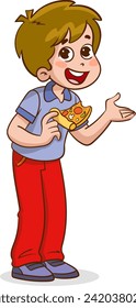 vector illustration of a Little children Holding a Slice of Pizza and Talking