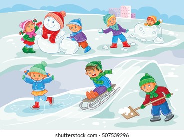 Vector illustration of little children playing outdoors in winter