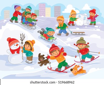 Vector illustration of little children playing outdoors in winter