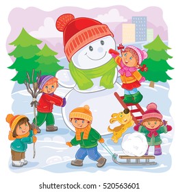 Vector illustration of little children playing outdoors in winter