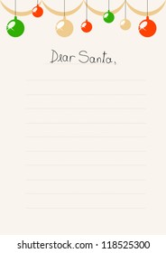 vector illustration of a little child's letter to Santa, with colorful ornaments on the background and copy space